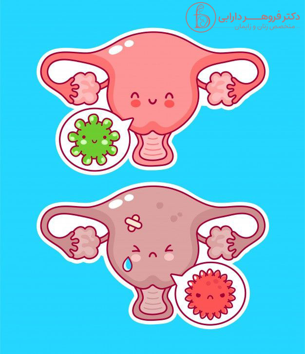 Cute funny woman uterus organ with good and bad bacteria in speech bubble Premium Vector copy